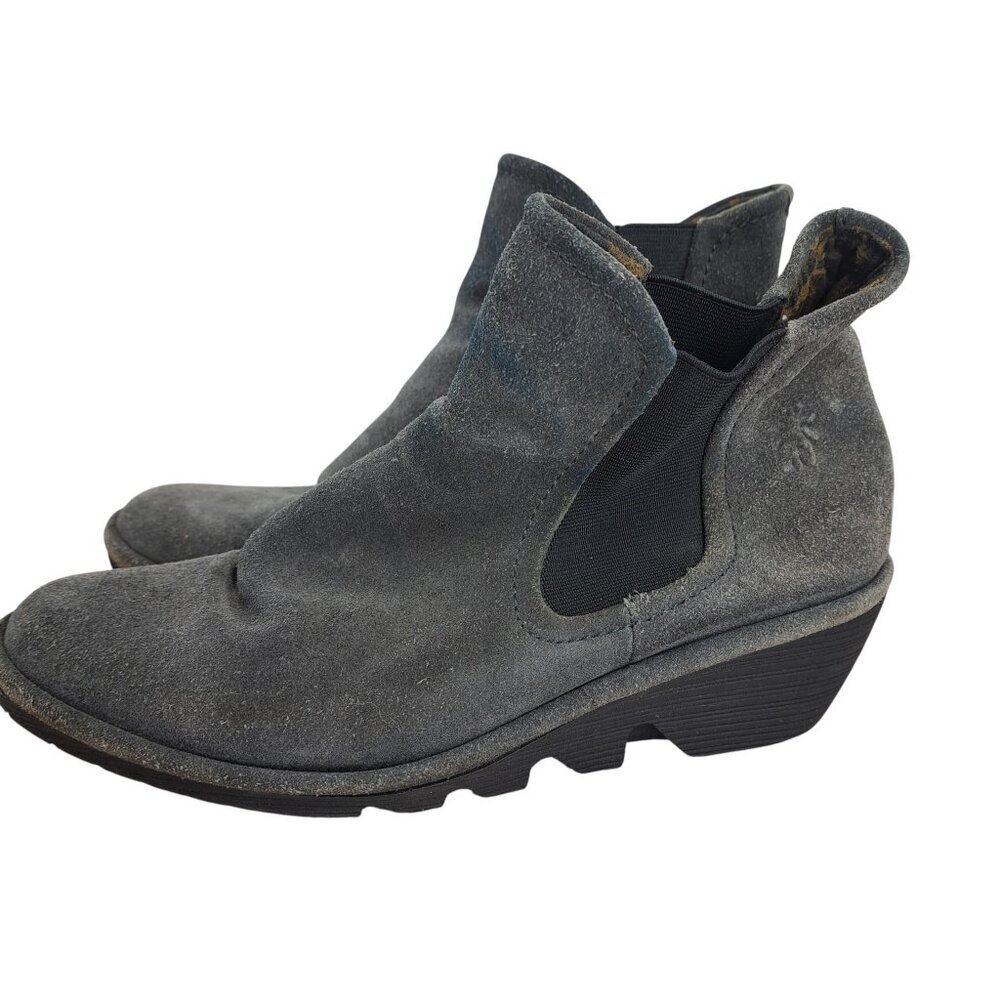 Fly London Phil Gray Suede Wedge Boots Size 38 US 7.5-8 Pull On Chelsea Chunky - Picture 4 of 13